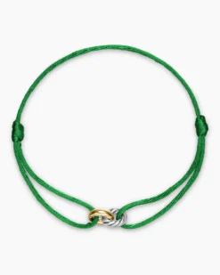 Sculpted Cable Linked Cord Bracelet Green Nylon with Sterling Silver and 14K Yellow Gold, 8.7mm
