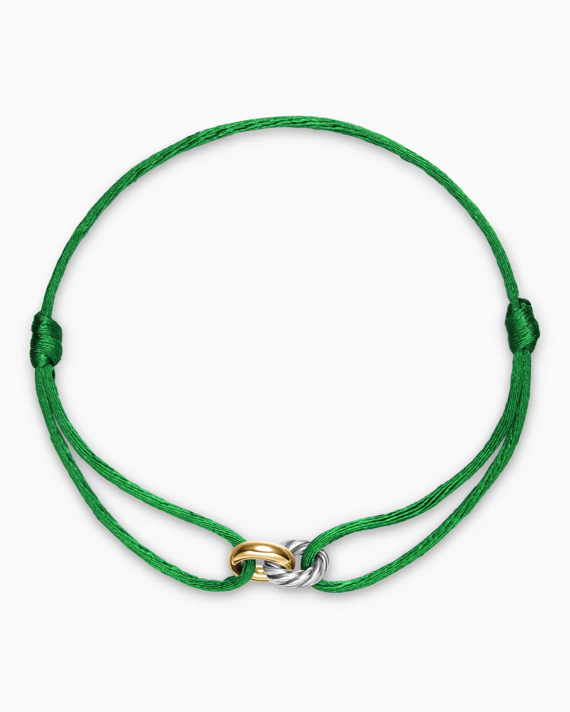 Sculpted Cable Linked Cord Bracelet Green Nylon with Sterling Silver and 14K Yellow Gold, 8.7mm