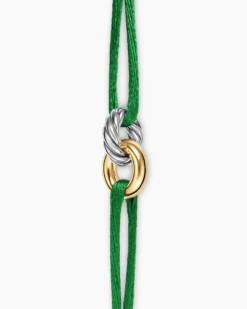 Sculpted Cable Linked Cord Bracelet Green Nylon with Sterling Silver and 14K Yellow Gold, 8.7mm