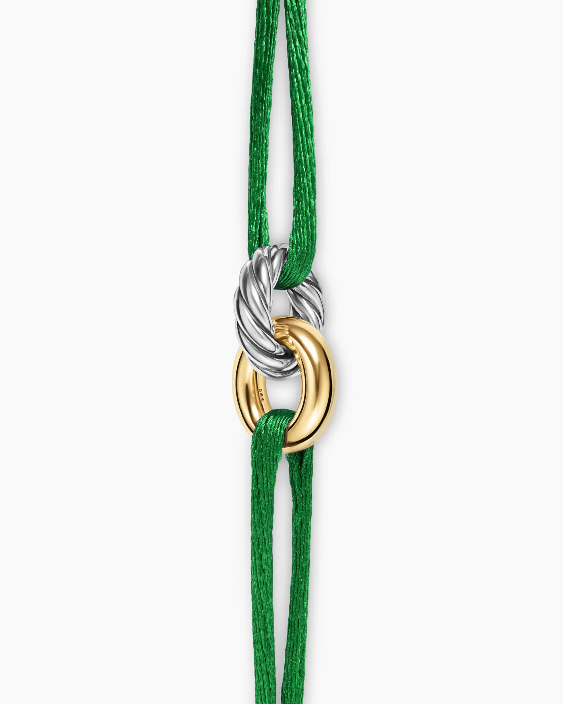 Sculpted Cable Linked Cord Bracelet Green Nylon with Sterling Silver and 14K Yellow Gold, 8.7mm