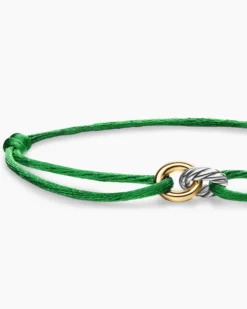 Sculpted Cable Linked Cord Bracelet Green Nylon with Sterling Silver and 14K Yellow Gold, 8.7mm