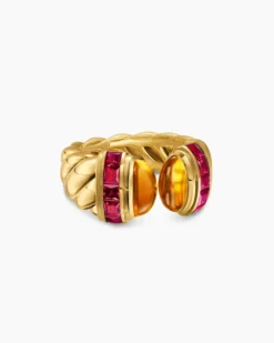 Sculpted Cable Open Cocktail Ring 18K Yellow Gold with Madeira Citrine and Rubellites, 12.4mm