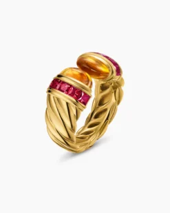 Sculpted Cable Open Cocktail Ring 18K Yellow Gold with Madeira Citrine and Rubellites, 12.4mm