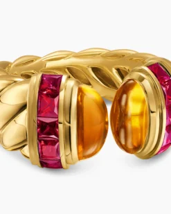 Sculpted Cable Open Cocktail Ring 18K Yellow Gold with Madeira Citrine and Rubellites, 12.4mm