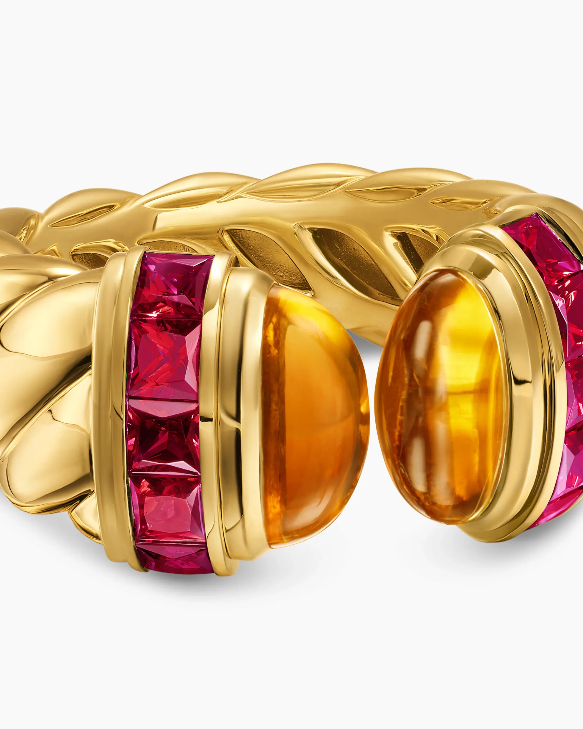 Sculpted Cable Open Cocktail Ring 18K Yellow Gold with Madeira Citrine and Rubellites, 12.4mm