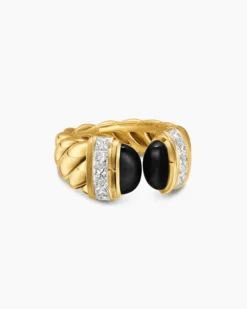 Sculpted Cable Open Cocktail Ring 18K Yellow Gold with Black Onyx and Diamonds, 12.4mm