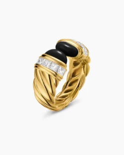 Sculpted Cable Open Cocktail Ring 18K Yellow Gold with Black Onyx and Diamonds, 12.4mm