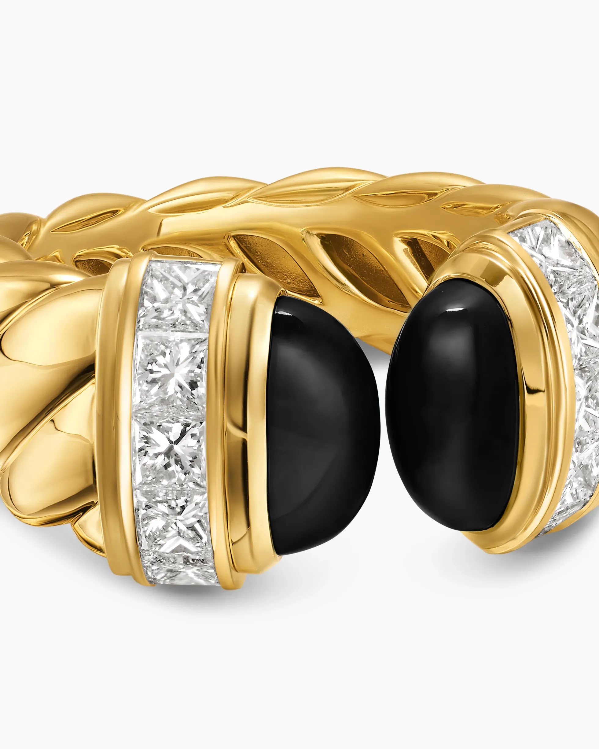 Sculpted Cable Open Cocktail Ring 18K Yellow Gold with Black Onyx and Diamonds, 12.4mm