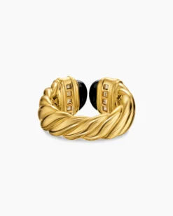 Sculpted Cable Open Cocktail Ring 18K Yellow Gold with Black Onyx and Diamonds, 12.4mm