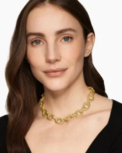 Sculpted Cable Oval Link Necklace 18K Yellow Gold, 18mm