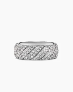 Sculpted Cable Pavé Band Ring 18K White Gold with Diamonds, 8.5mm
