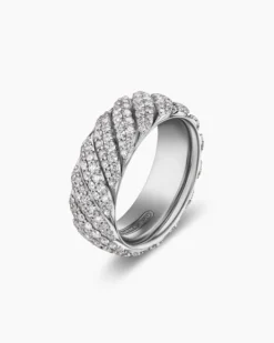 Sculpted Cable Pavé Band Ring 18K White Gold with Diamonds, 8.5mm