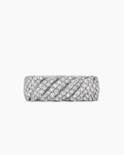 Sculpted Cable Pavé Band Ring 18K White Gold with Diamonds, 8.5mm