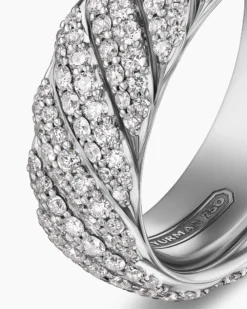 Sculpted Cable Pavé Band Ring 18K White Gold with Diamonds, 8.5mm