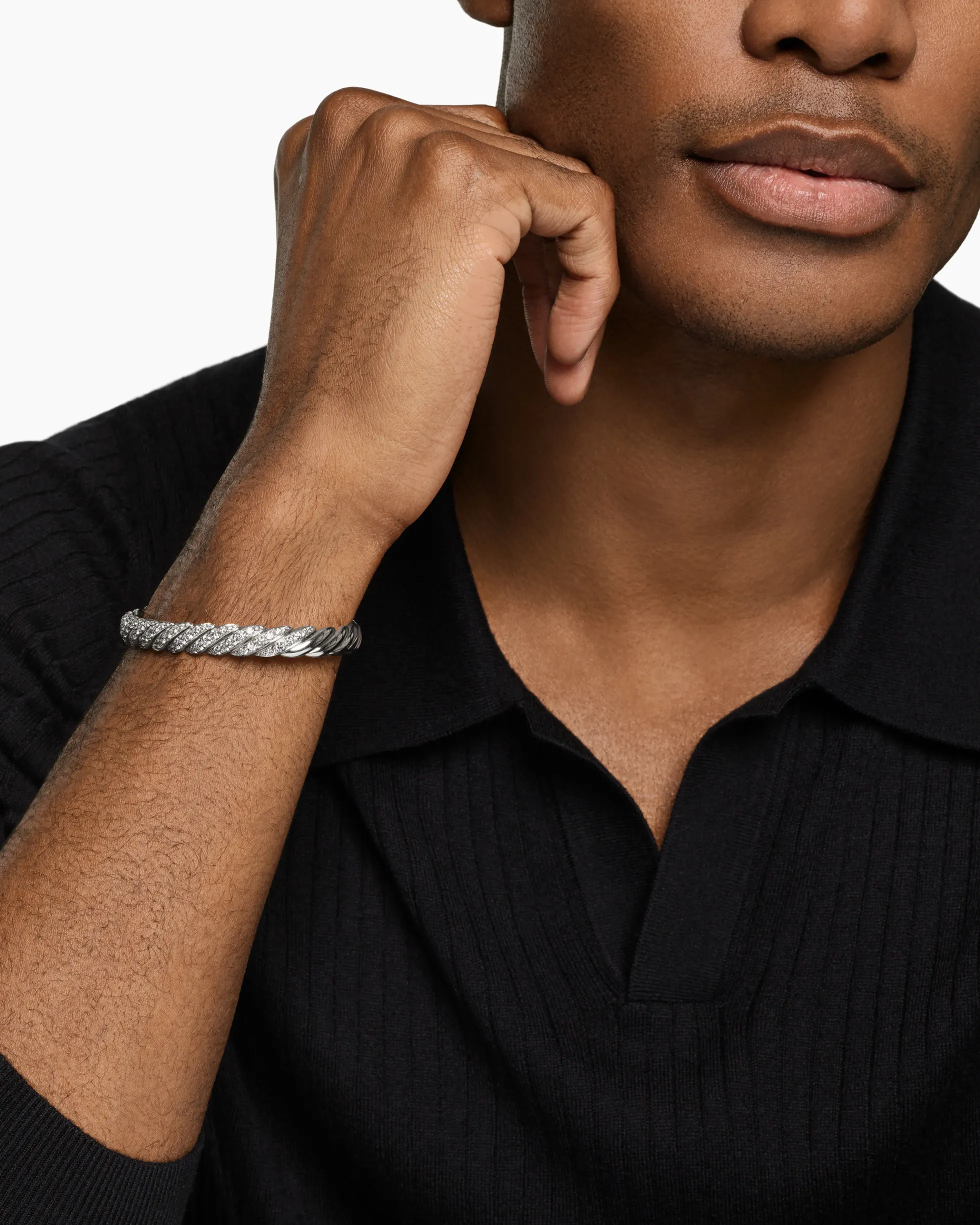 Sculpted Cable Pavé Flex Bracelet 18K White Gold with Diamonds, 7.5mm