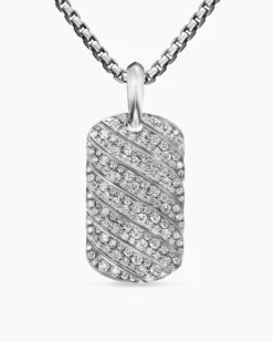 Sculpted Cable Tag 18K White Gold with Diamonds, 27mm