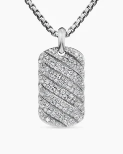 Sculpted Cable Tag 18K White Gold with Diamonds, 35mm
