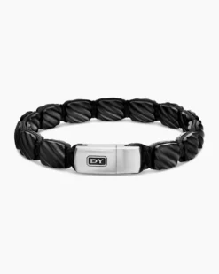 Sculpted Cable Woven Tile Bracelet Black Titanium with Sterling Silver and Black Nylon, 8.5mm