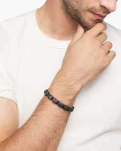 Sculpted Cable Woven Tile Bracelet Black Titanium with Sterling Silver and Black Nylon, 8.5mm