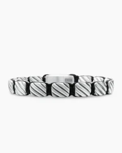 Sculpted Cable Woven Tile Bracelet Sterling Silver and Black Nylon, 8.5mm