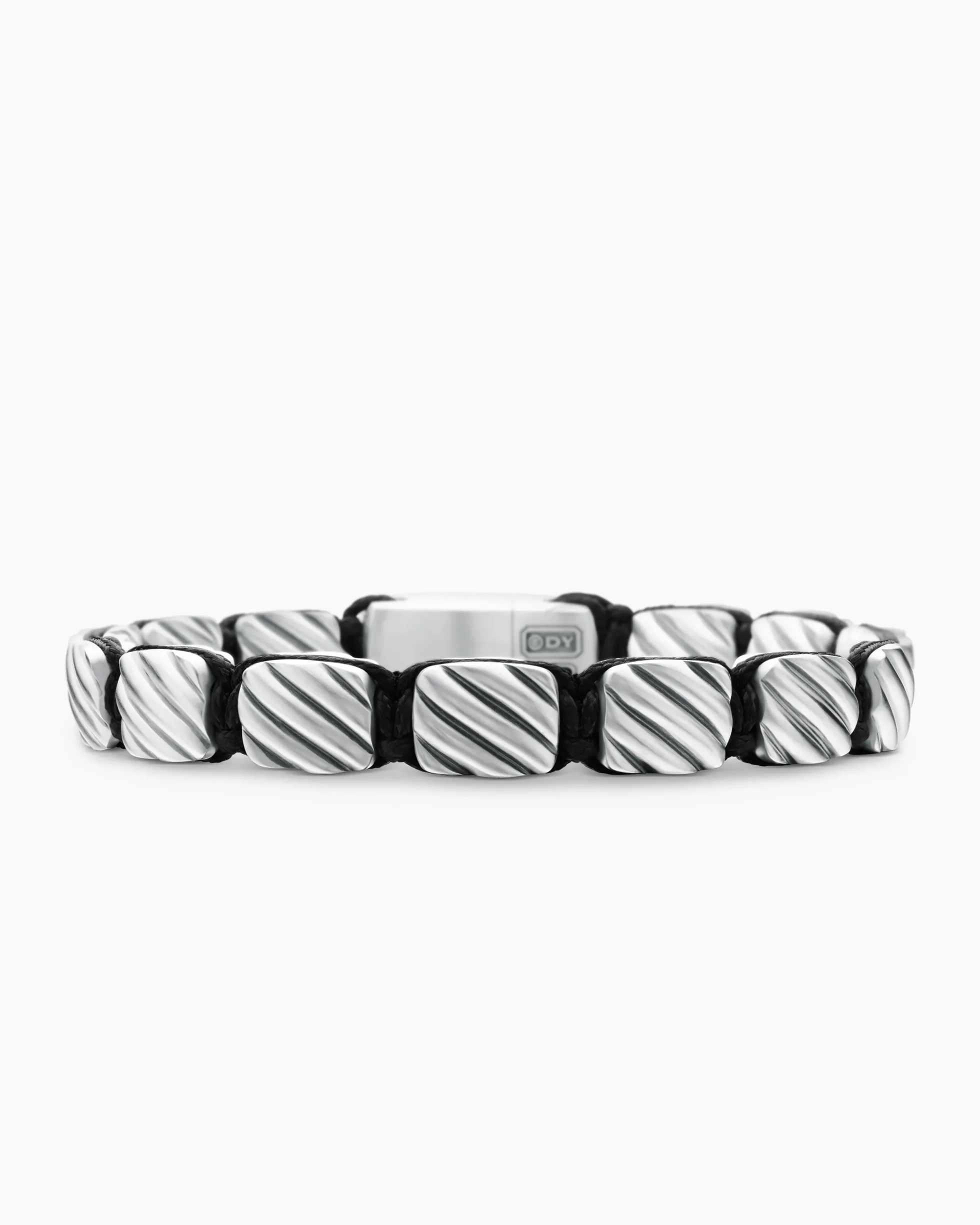 Sculpted Cable Woven Tile Bracelet Sterling Silver and Black Nylon, 8.5mm