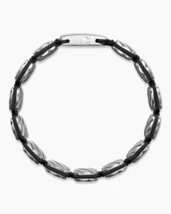 Sculpted Cable Woven Tile Bracelet Sterling Silver and Black Nylon, 8.5mm