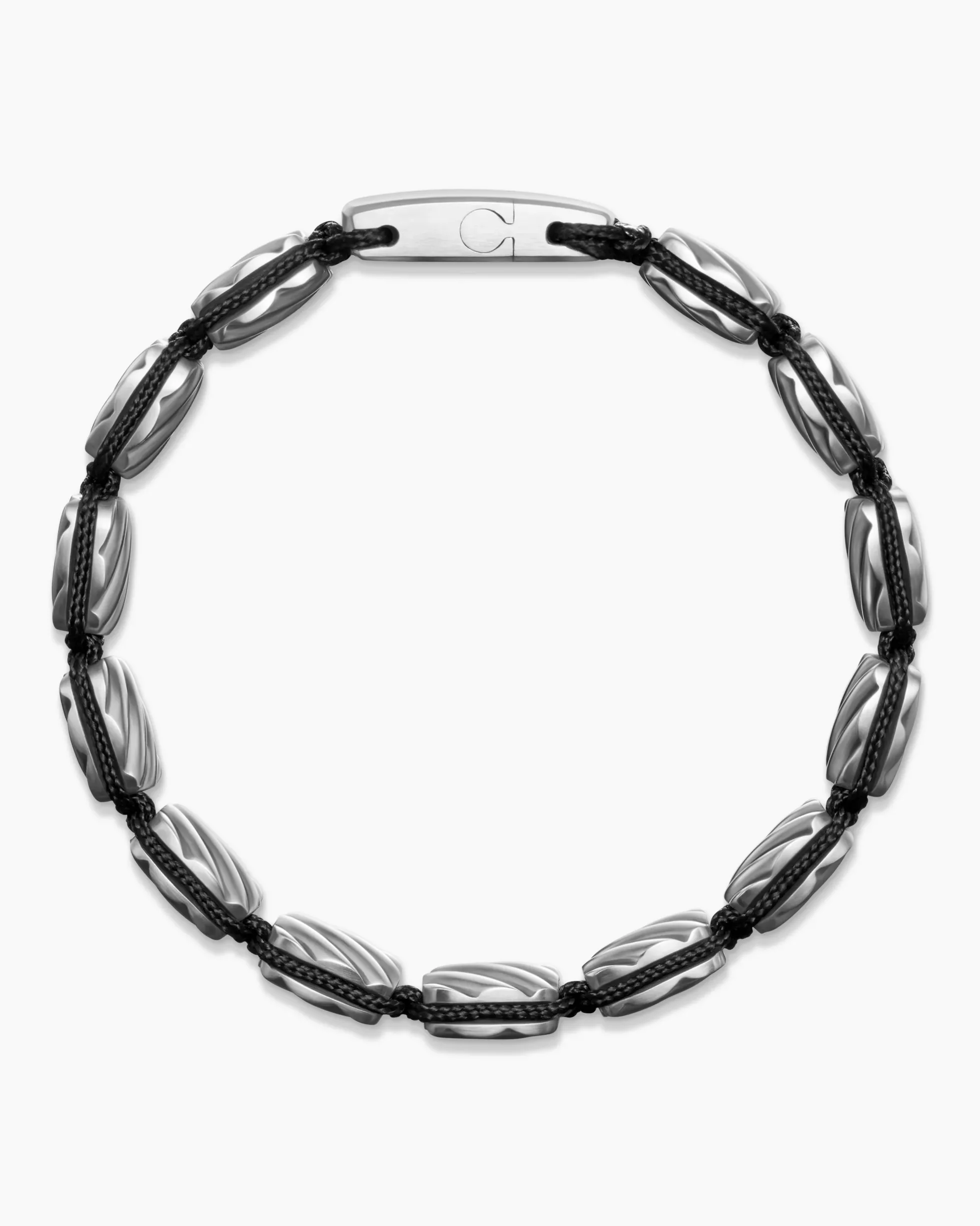 Sculpted Cable Woven Tile Bracelet Sterling Silver and Black Nylon, 8.5mm