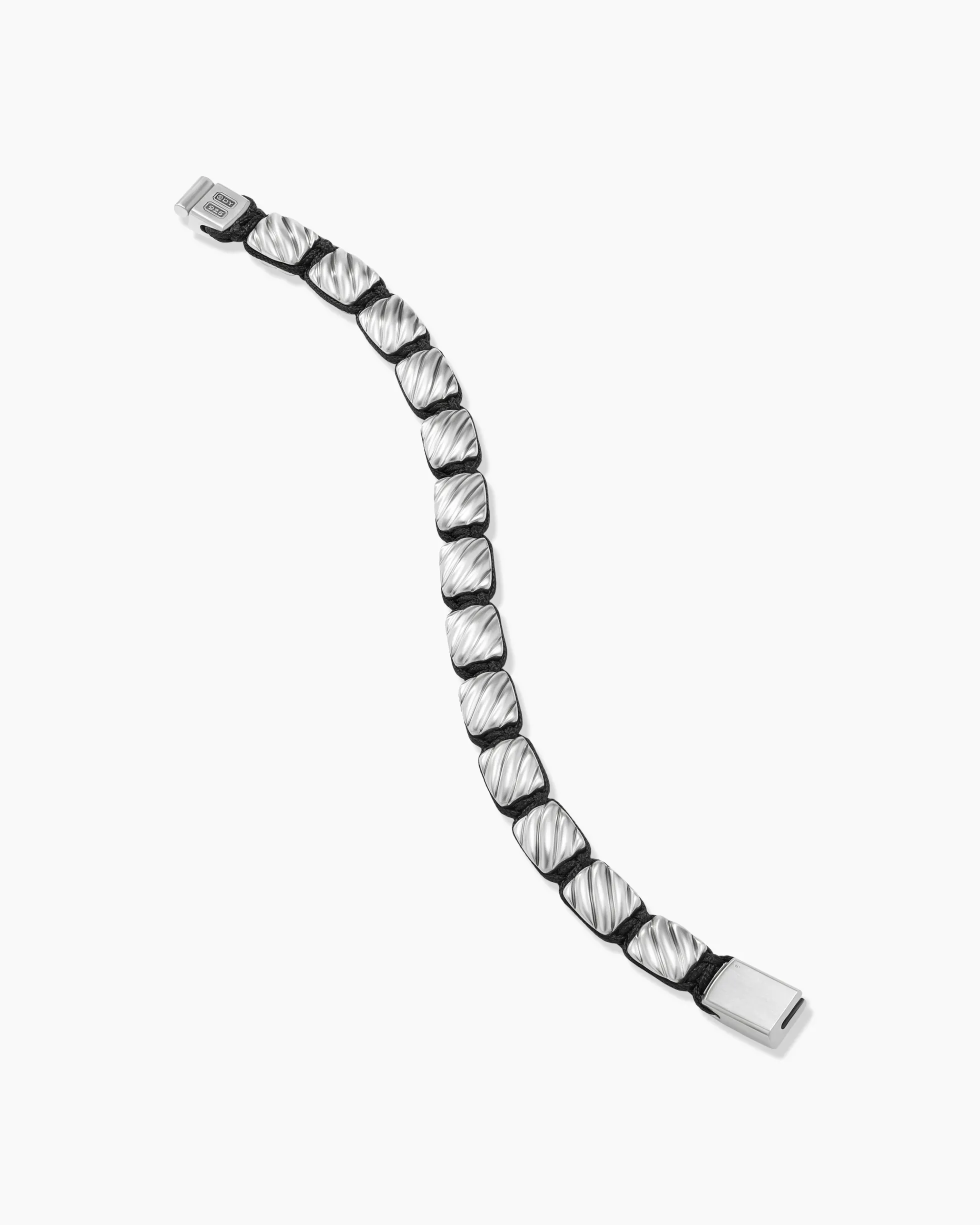 Sculpted Cable Woven Tile Bracelet Sterling Silver and Black Nylon, 8.5mm