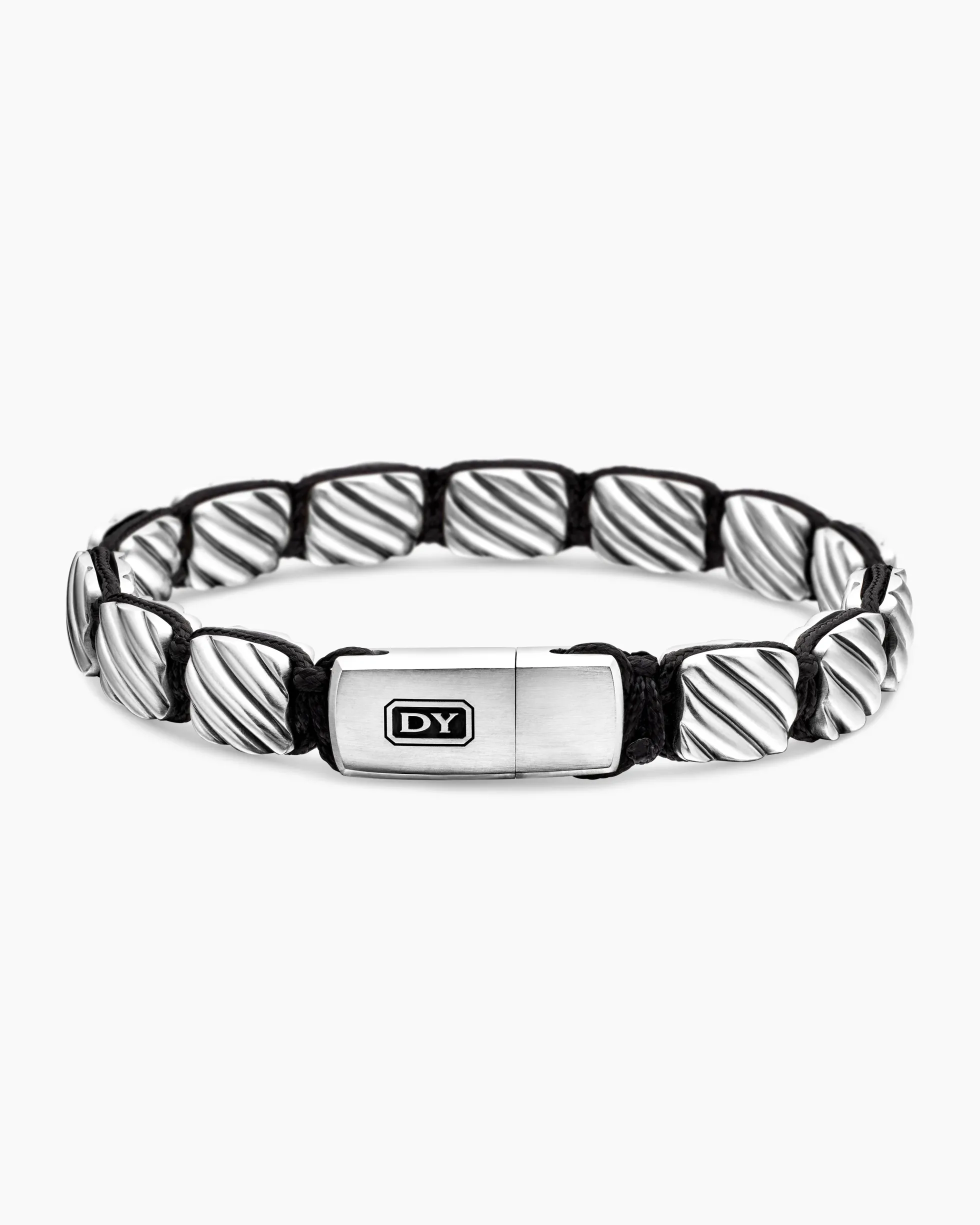 Sculpted Cable Woven Tile Bracelet Sterling Silver and Black Nylon, 8.5mm