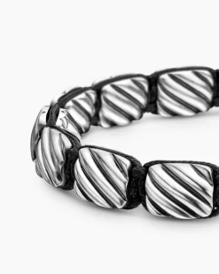 Sculpted Cable Woven Tile Bracelet Sterling Silver and Black Nylon, 8.5mm