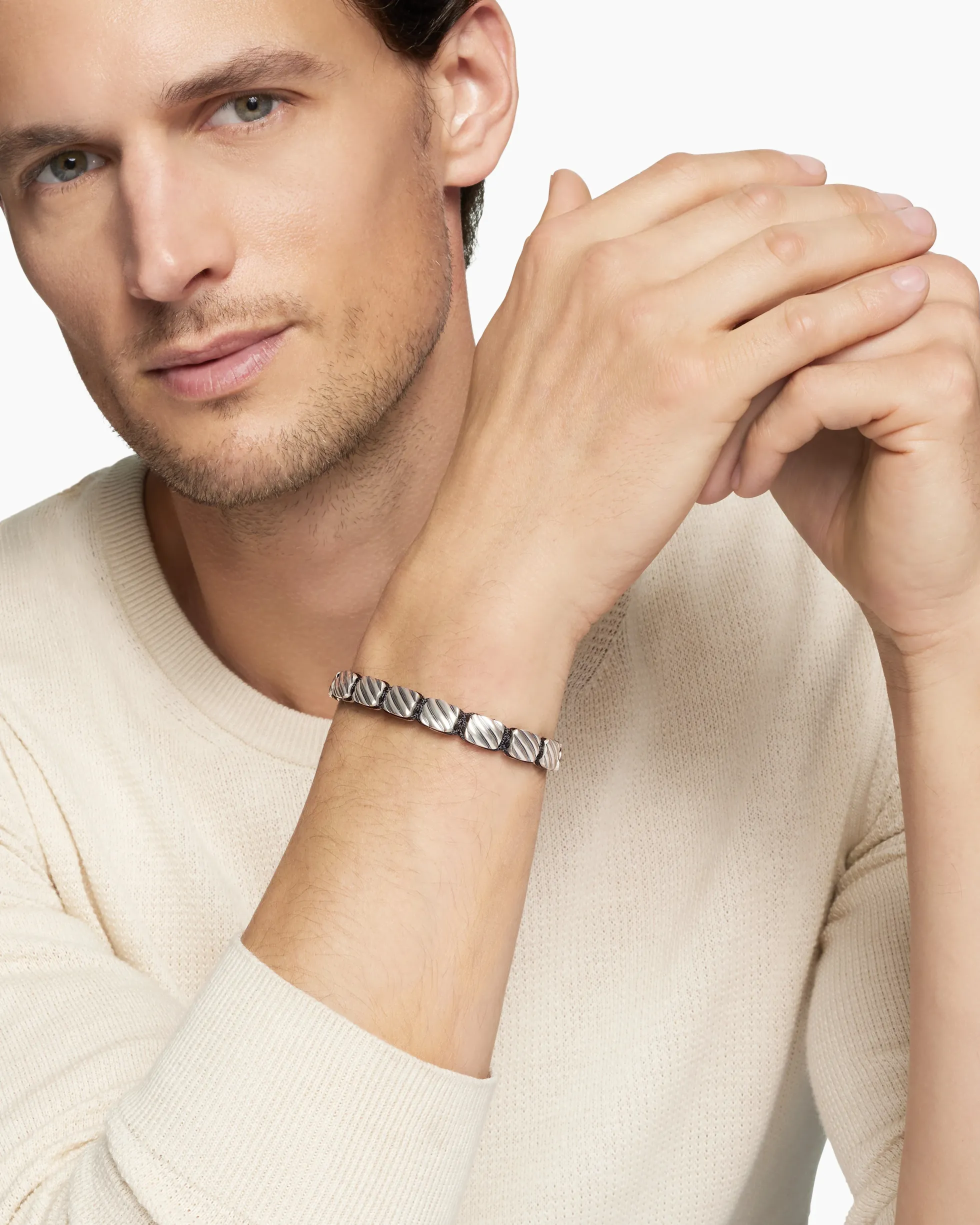 Sculpted Cable Woven Tile Bracelet Sterling Silver and Black Nylon, 8.5mm