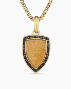 Shield Amulet 18K Yellow Gold with Golden Sun Stone and Black Diamonds, 27mm