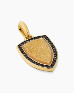 Shield Amulet 18K Yellow Gold with Golden Sun Stone and Black Diamonds, 27mm