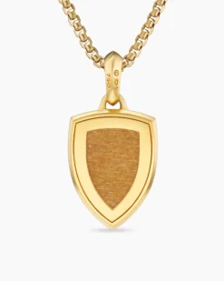 Shield Amulet 18K Yellow Gold with Golden Sun Stone and Black Diamonds, 27mm