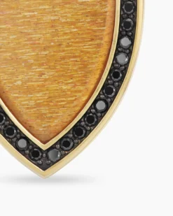 Shield Amulet 18K Yellow Gold with Golden Sun Stone and Black Diamonds, 27mm