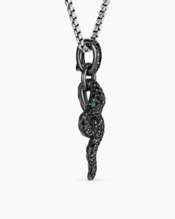 Snake Amulet 18K White Gold with Black Rhodium, Emeralds and Black Diamonds, 23.5mm