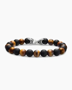 Spiritual Beads Alternating Bracelet Sterling Silver with Tiger’s Eye and Black Onyx, 8mm