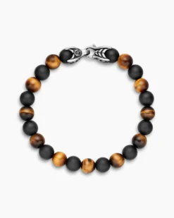 Spiritual Beads Alternating Bracelet Sterling Silver with Tiger’s Eye and Black Onyx, 8mm