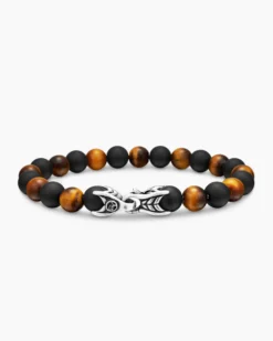 Spiritual Beads Alternating Bracelet Sterling Silver with Tiger’s Eye and Black Onyx, 8mm