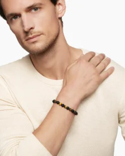 Spiritual Beads Alternating Bracelet Sterling Silver with Tiger’s Eye and Black Onyx, 8mm