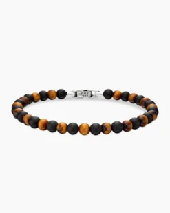 Spiritual Beads Alternating Bracelet Sterling Silver with Black Onyx and Tiger’s Eye, 6mm