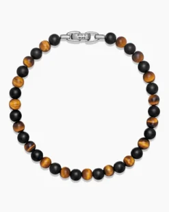 Spiritual Beads Alternating Bracelet Sterling Silver with Black Onyx and Tiger’s Eye, 6mm