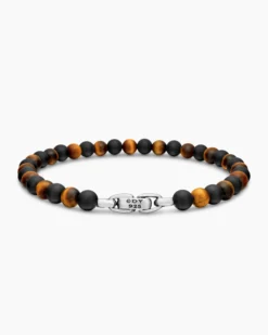 Spiritual Beads Alternating Bracelet Sterling Silver with Black Onyx and Tiger’s Eye, 6mm