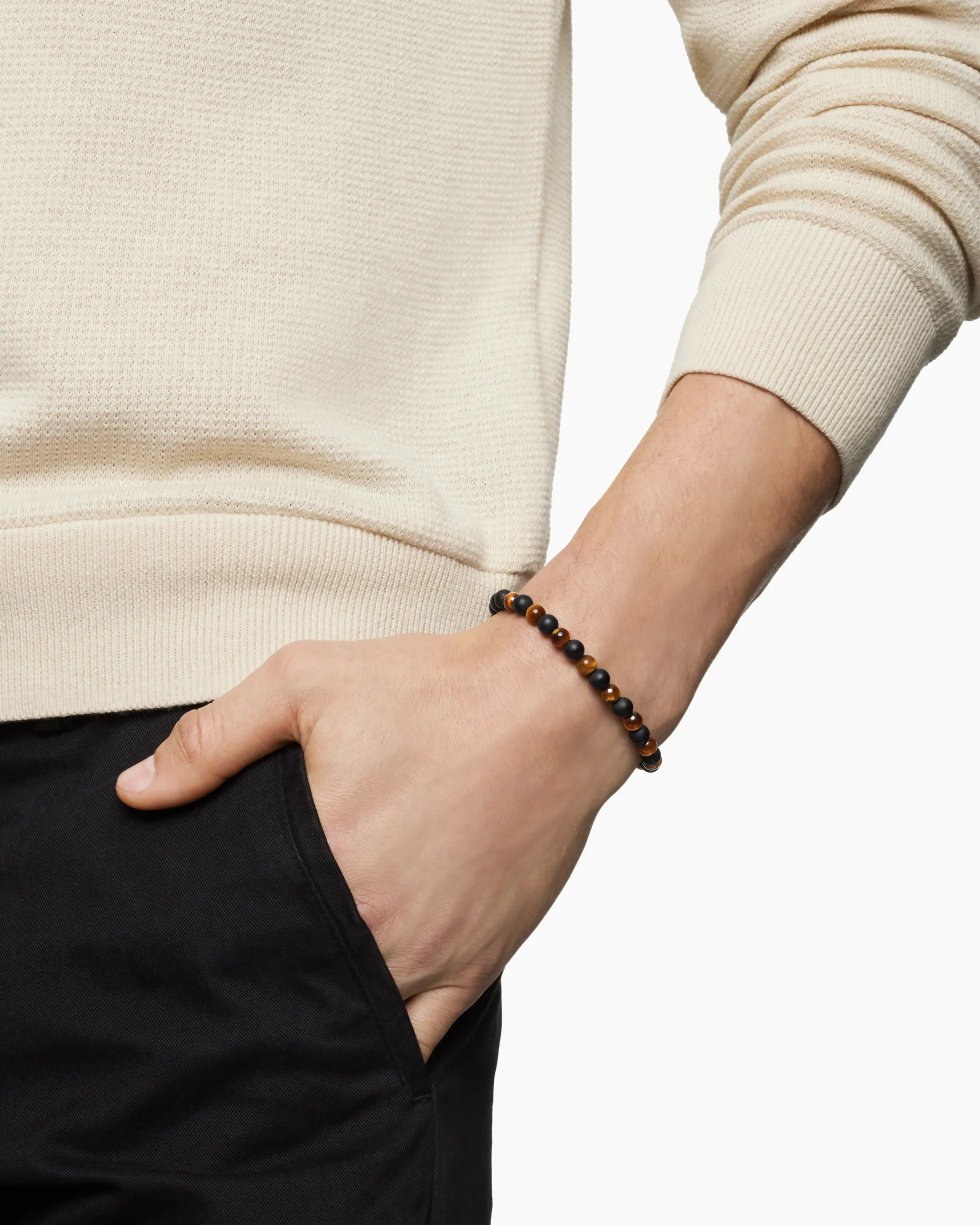 Spiritual Beads Alternating Bracelet Sterling Silver with Black Onyx and Tiger’s Eye, 6mm
