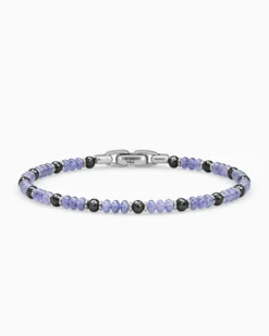 Spiritual Beads Bracelet 18K White Gold with Tanzanites and Black Diamonds, 4mm