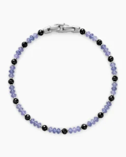 Spiritual Beads Bracelet 18K White Gold with Tanzanites and Black Diamonds, 4mm