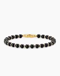 Spiritual Beads Bracelet 18K Yellow Gold with Black Onyx and Diamonds, 6mm