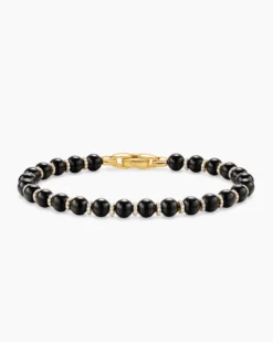 Spiritual Beads Bracelet 18K Yellow Gold with Black Onyx and Diamonds, 6mm