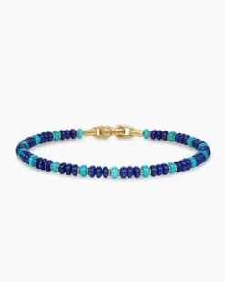 Spiritual Beads Bracelet 18K Yellow Gold with Lapis and Turquoise, 4mm