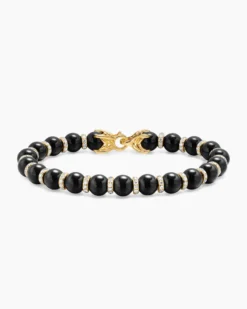 Spiritual Beads Bracelet 18K Yellow Gold with Black Onyx and Diamonds, 8mm